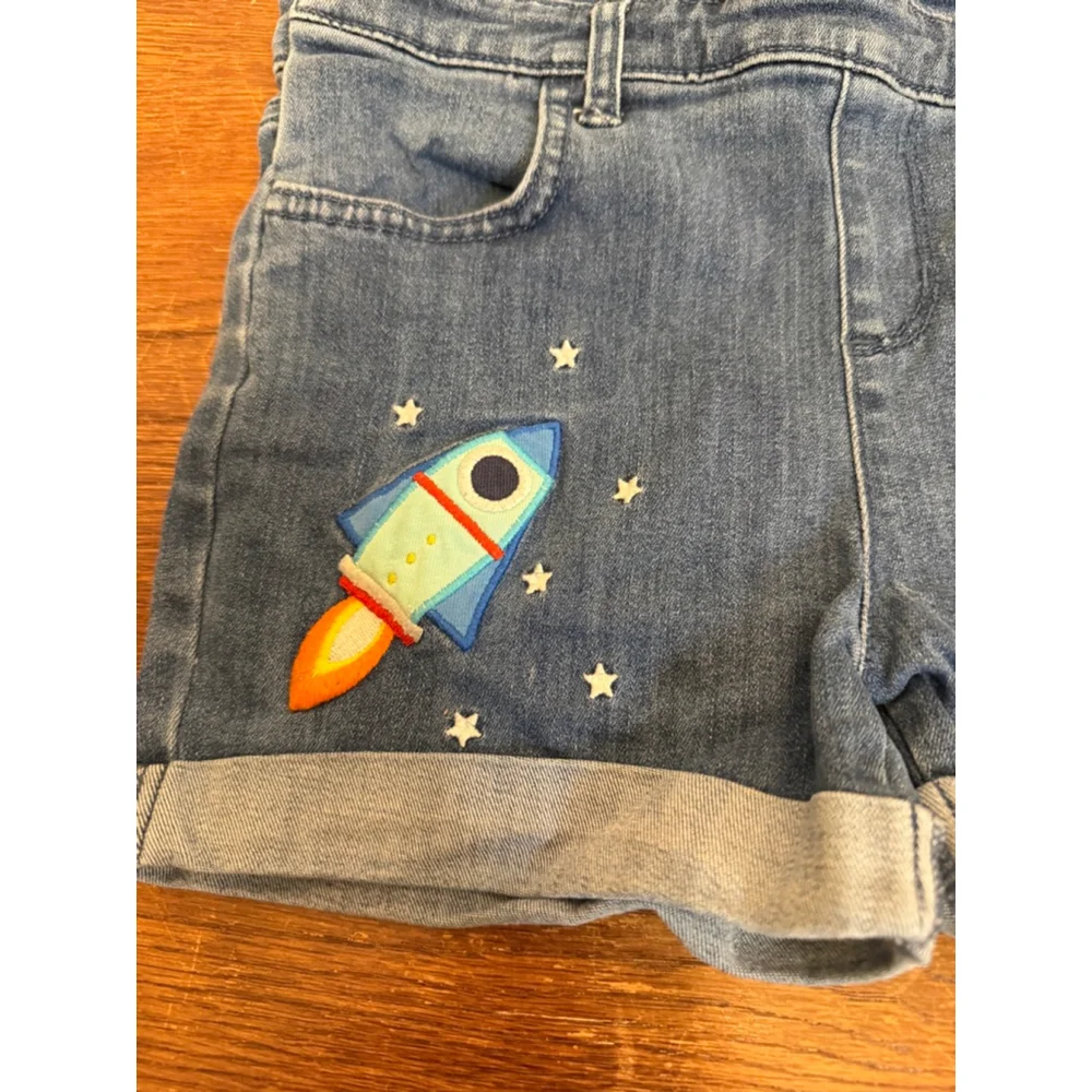 Gymboree Girls Denim Short Overalls Size 7 Space Rocket Planet Embroidered